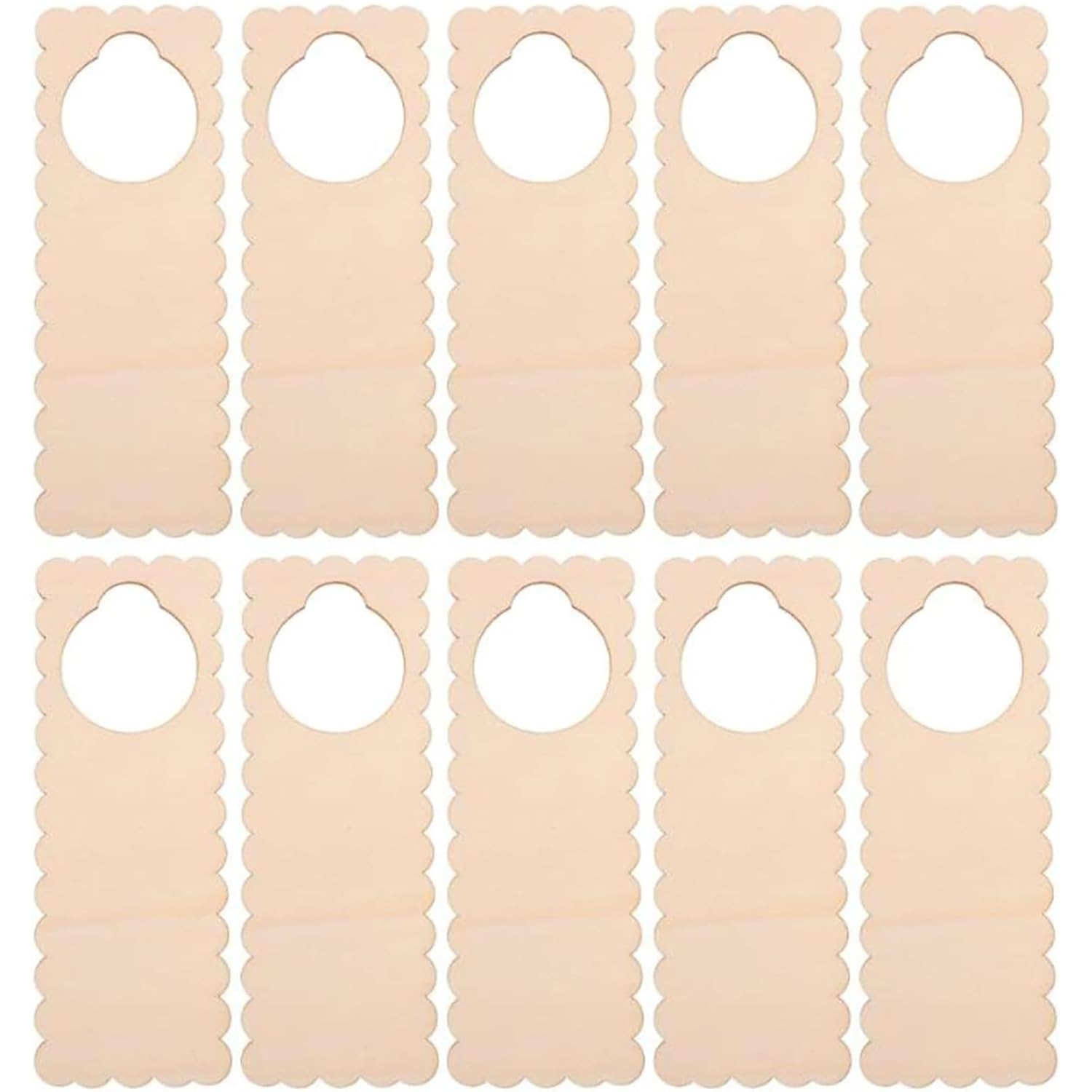 Nine beige door hangers with scalloped edges on a white background