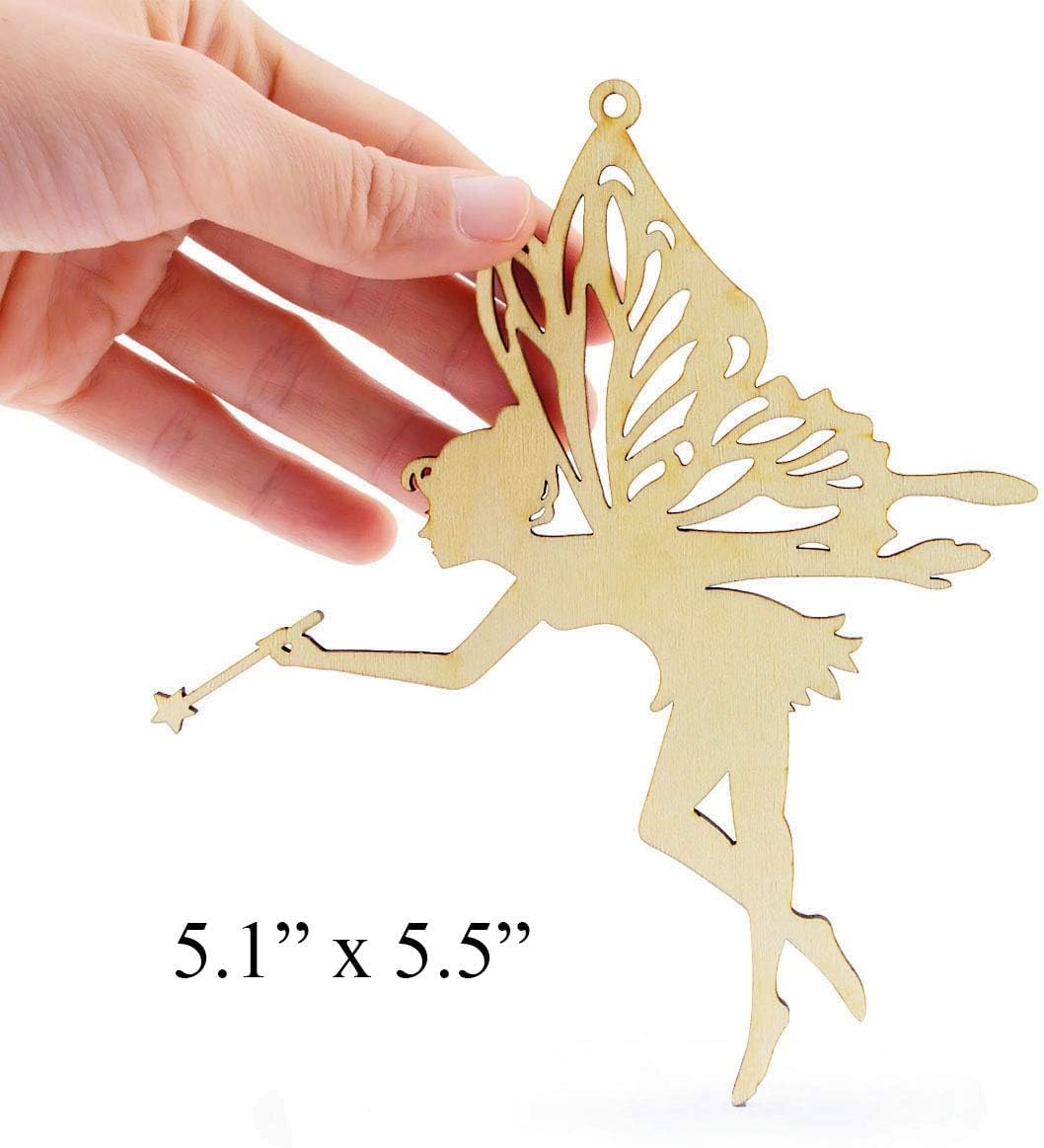 Wooden fairy ornament held by a hand with dimensions displayed