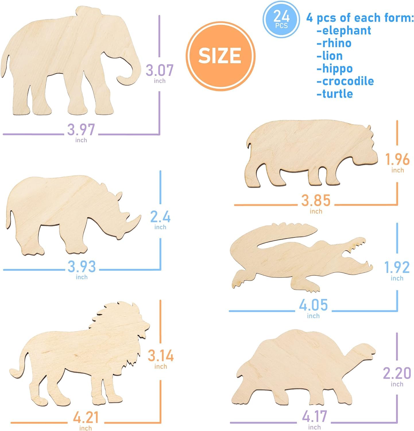 Wooden animal cutouts with measurements and a list of included animals.