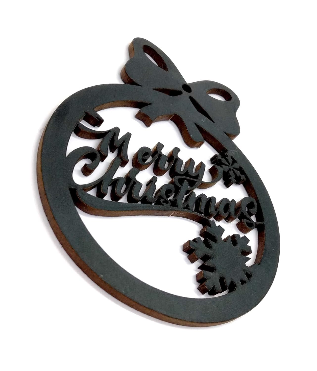 Decorative Christmas ornament with 'Merry Christmas' text and bow design on a white background