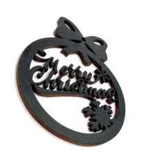 Decorative Christmas ornament with 'Merry Christmas' text and bow design on a white background