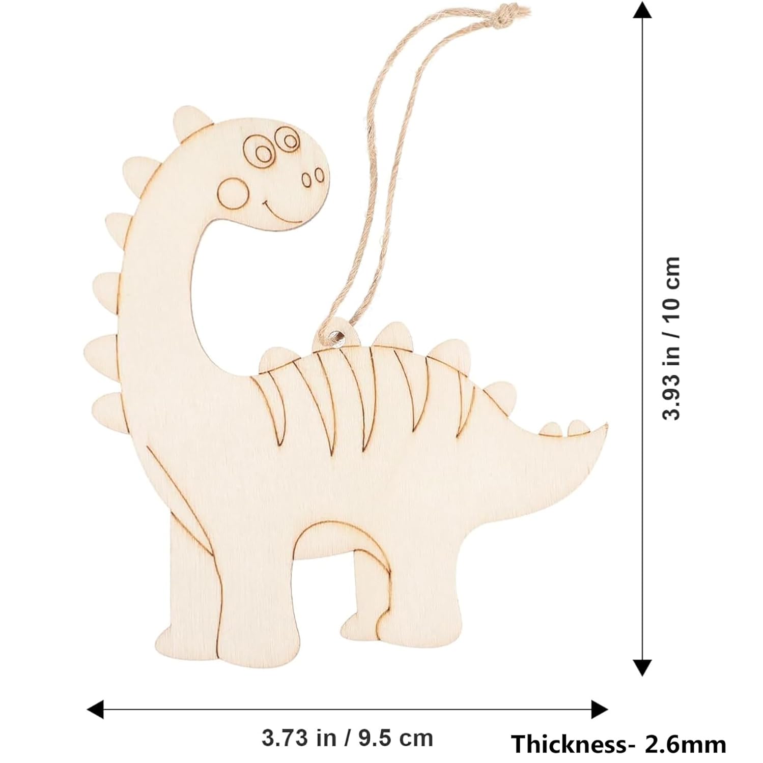 Wooden dinosaur ornament with measurements on a white background