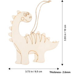 Wooden dinosaur ornament with measurements on a white background