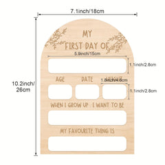 Wooden plaque with engraved text and measurements on a white background