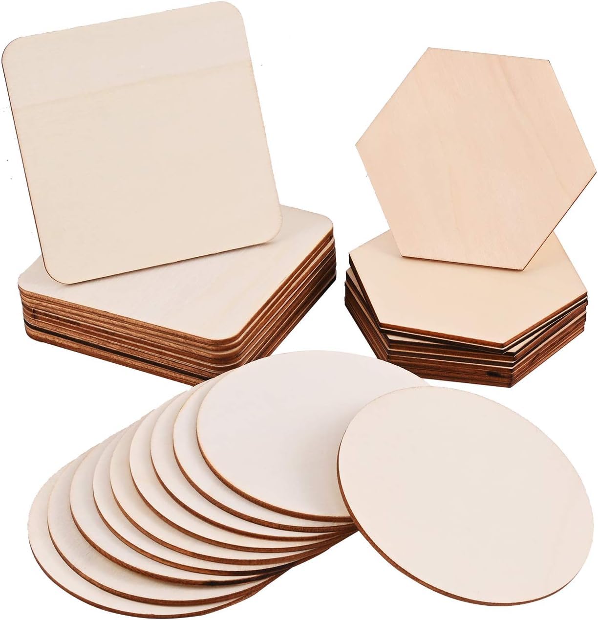 Set of wooden coasters in various shapes on a white background