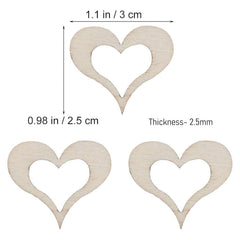 Three heart-shaped wooden cutouts with measurements on a white background