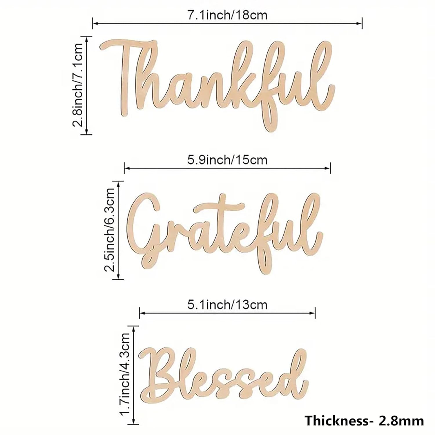 Wooden cutouts with 'Thankful', 'Grateful', and 'Blessed' text, showing measurements and thickness.