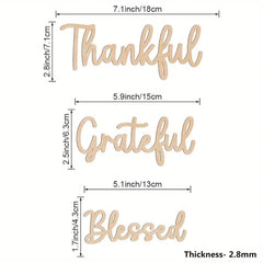 Wooden cutouts with 'Thankful', 'Grateful', and 'Blessed' text, showing measurements and thickness.