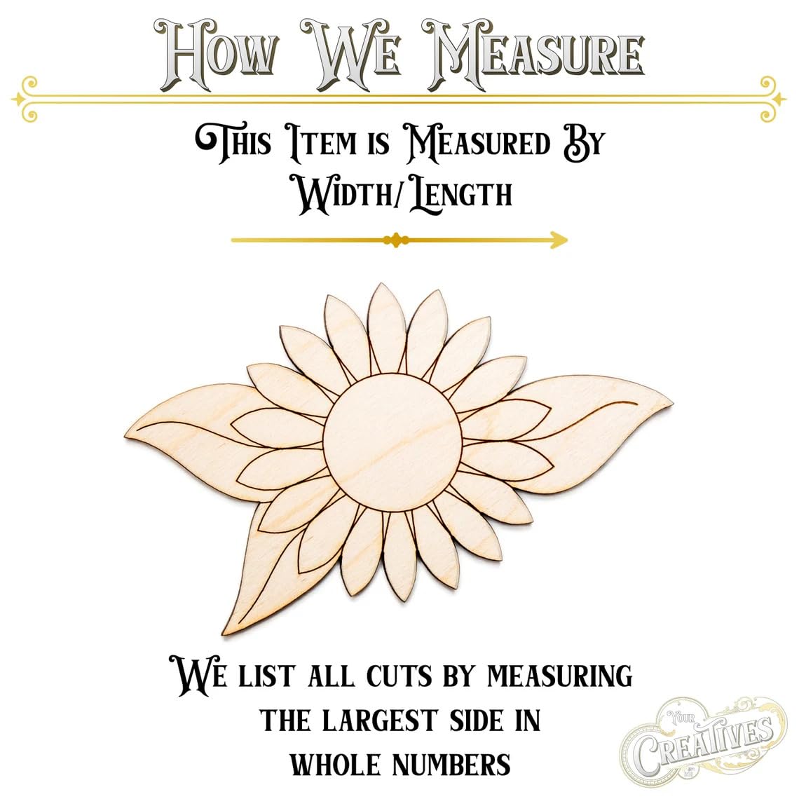 Wooden sunflower-shaped cutout with measurement information on a white background