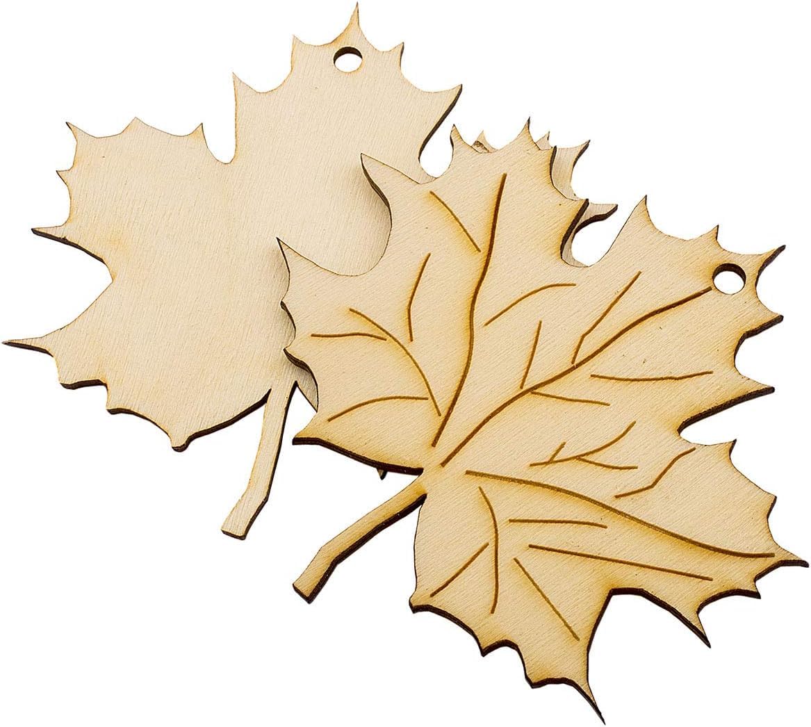 Two wooden leaf-shaped ornaments on a white background