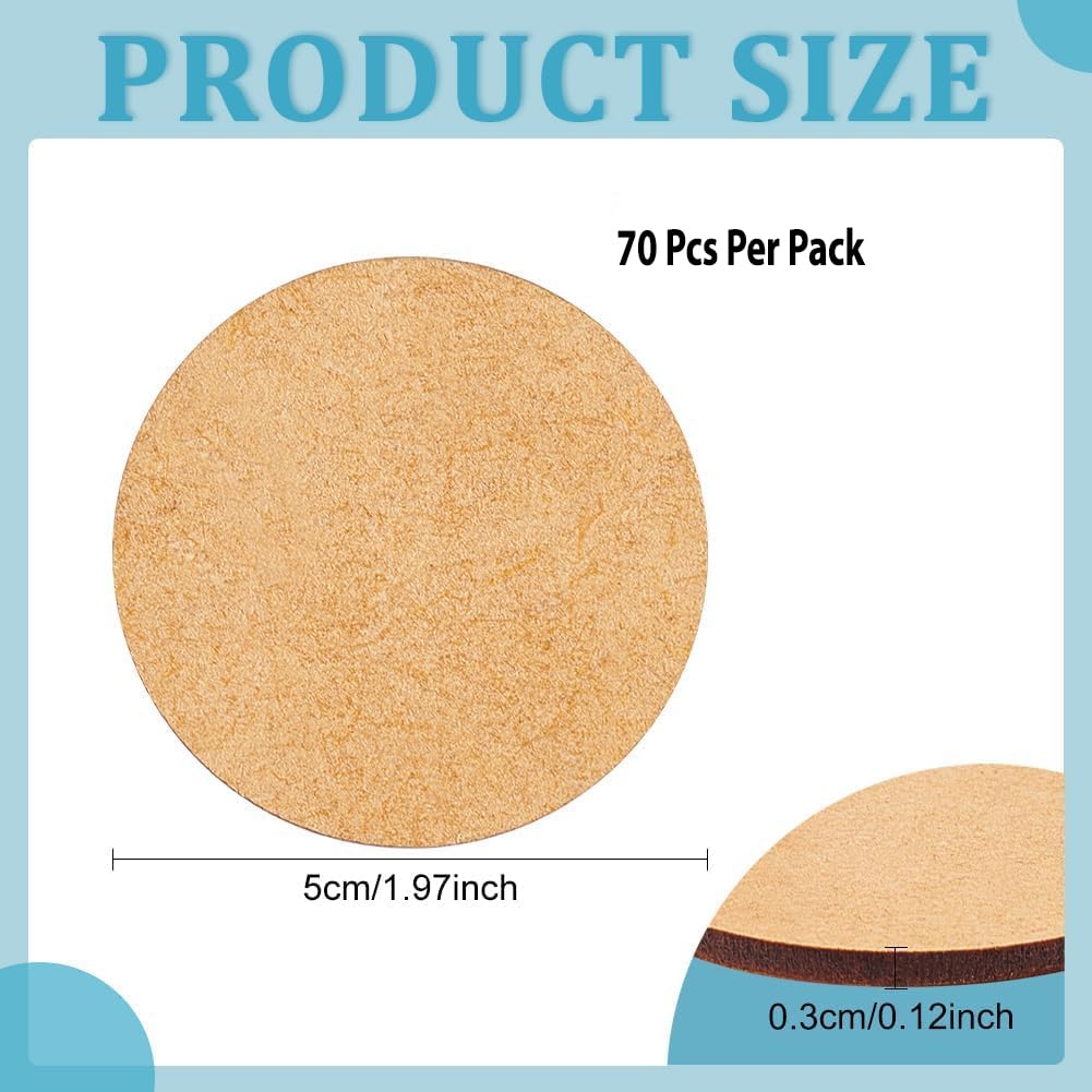 Circular product with dimensions and '70 Pcs Per Pack' text on a blue background
