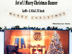 Christmas-themed decorative banner with 'Merry Christmas' text over a festive living room scene.