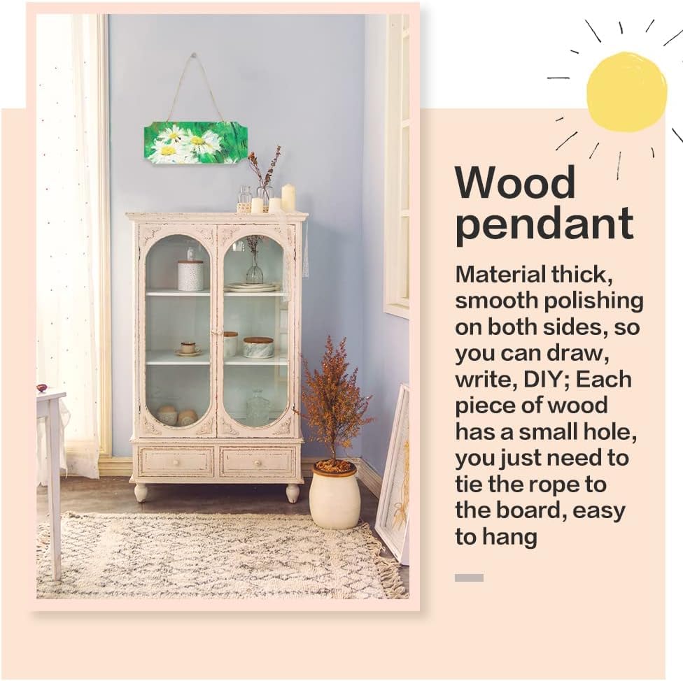 Wooden cabinet in a room with a wood pendant and text about its features.