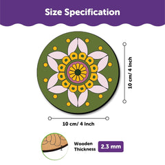 Circular wooden coaster with floral design and size specifications on a white background