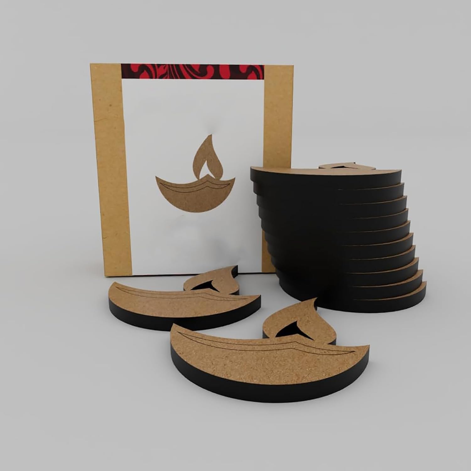Cardboard diya cutouts with a decorative box on a gray background