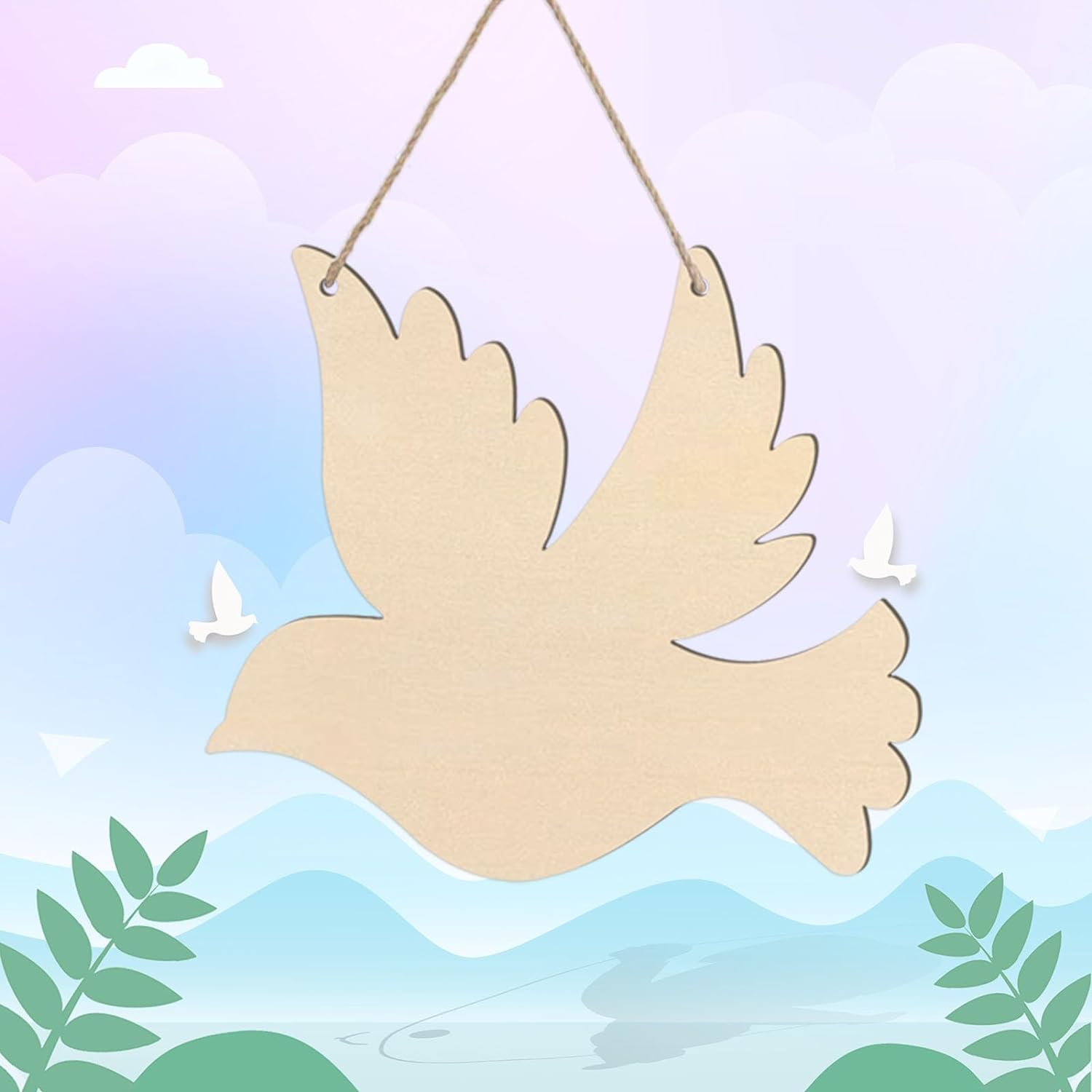 Wooden dove decoration hanging against a pastel landscape background