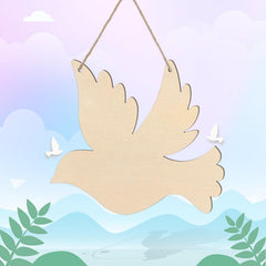 Wooden dove decoration hanging against a pastel landscape background