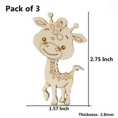 Wooden giraffe decoration with measurements on a white background