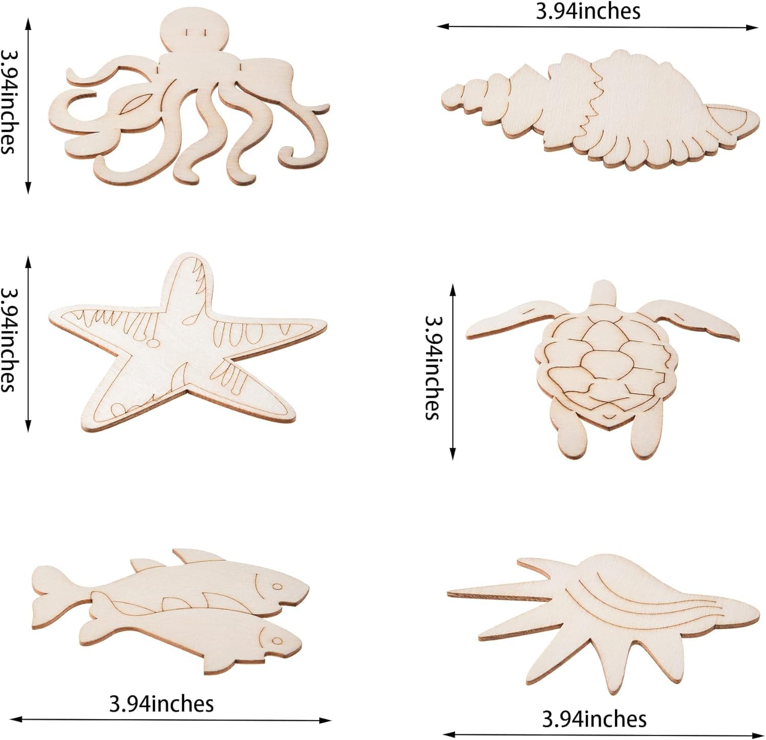 Set of wooden sea creature shapes with dimensions on a white background