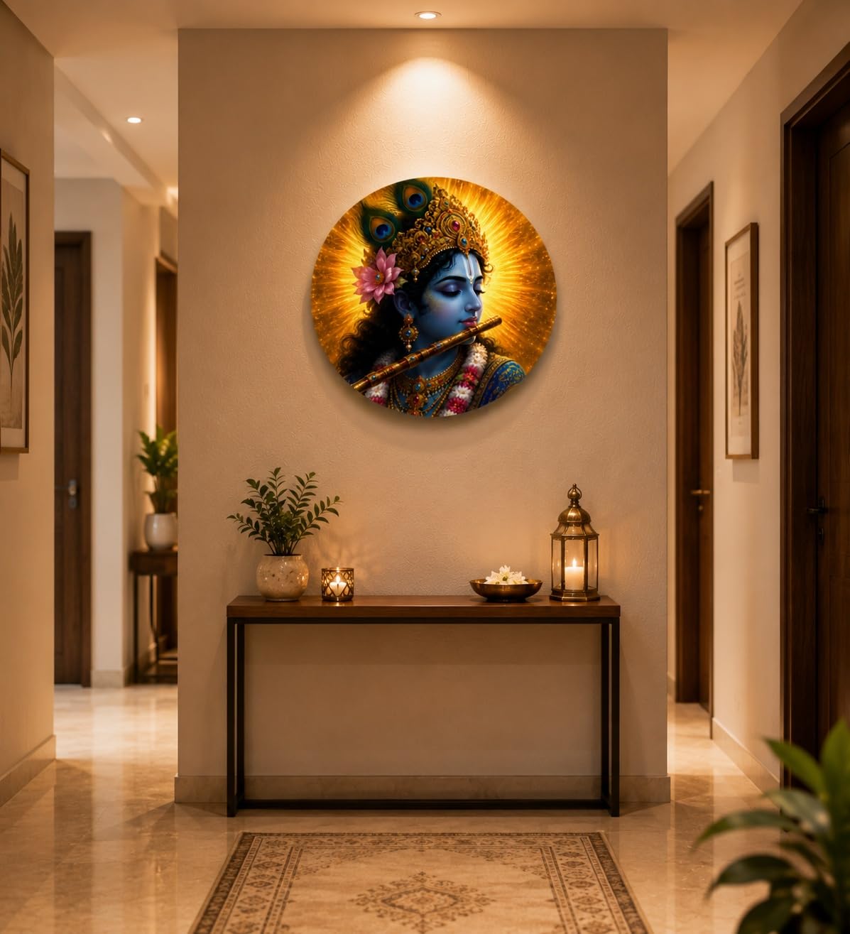 American Elm Lord Krishna Round Wall Hanging Circle Wall Decor 3 mm Thick Sunboard HD Printed Spiritual Wall Art for Home, Pooja Room & Office