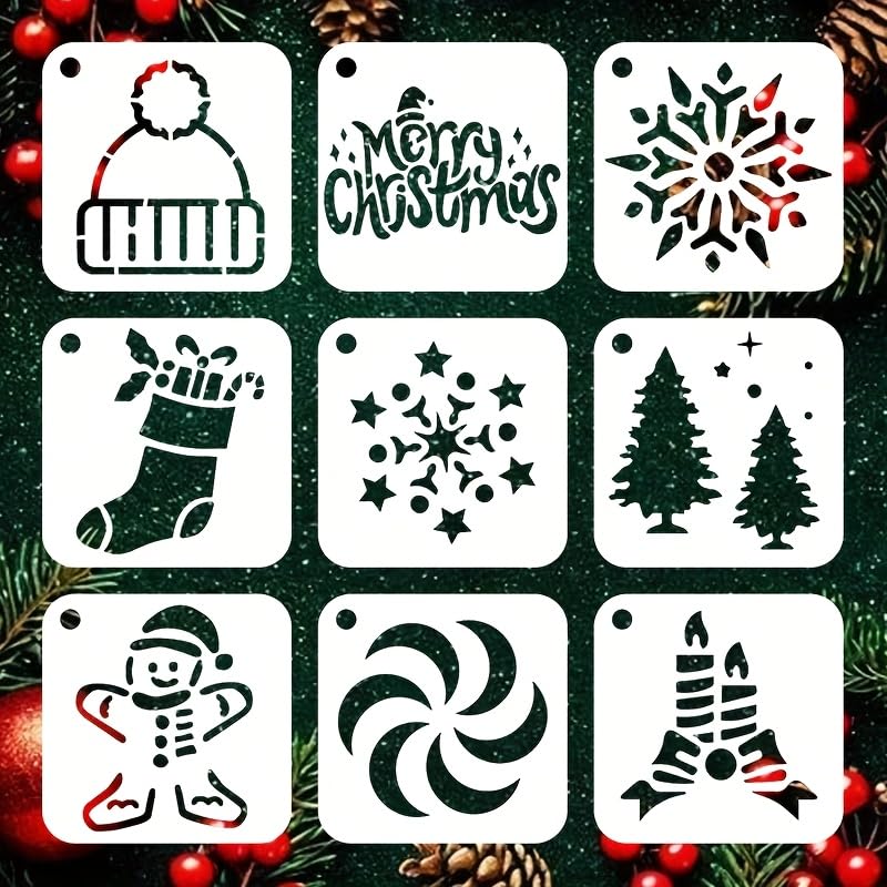 Set of Christmas-themed stencils on a festive background with trees and berries.