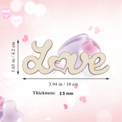Wooden word 'love' with measurements on a pink background with hearts