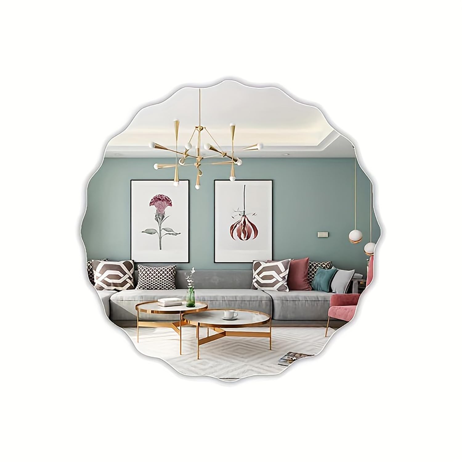Decorative mirror with a reflection of a living room with a sofa, coffee table, and wall art.