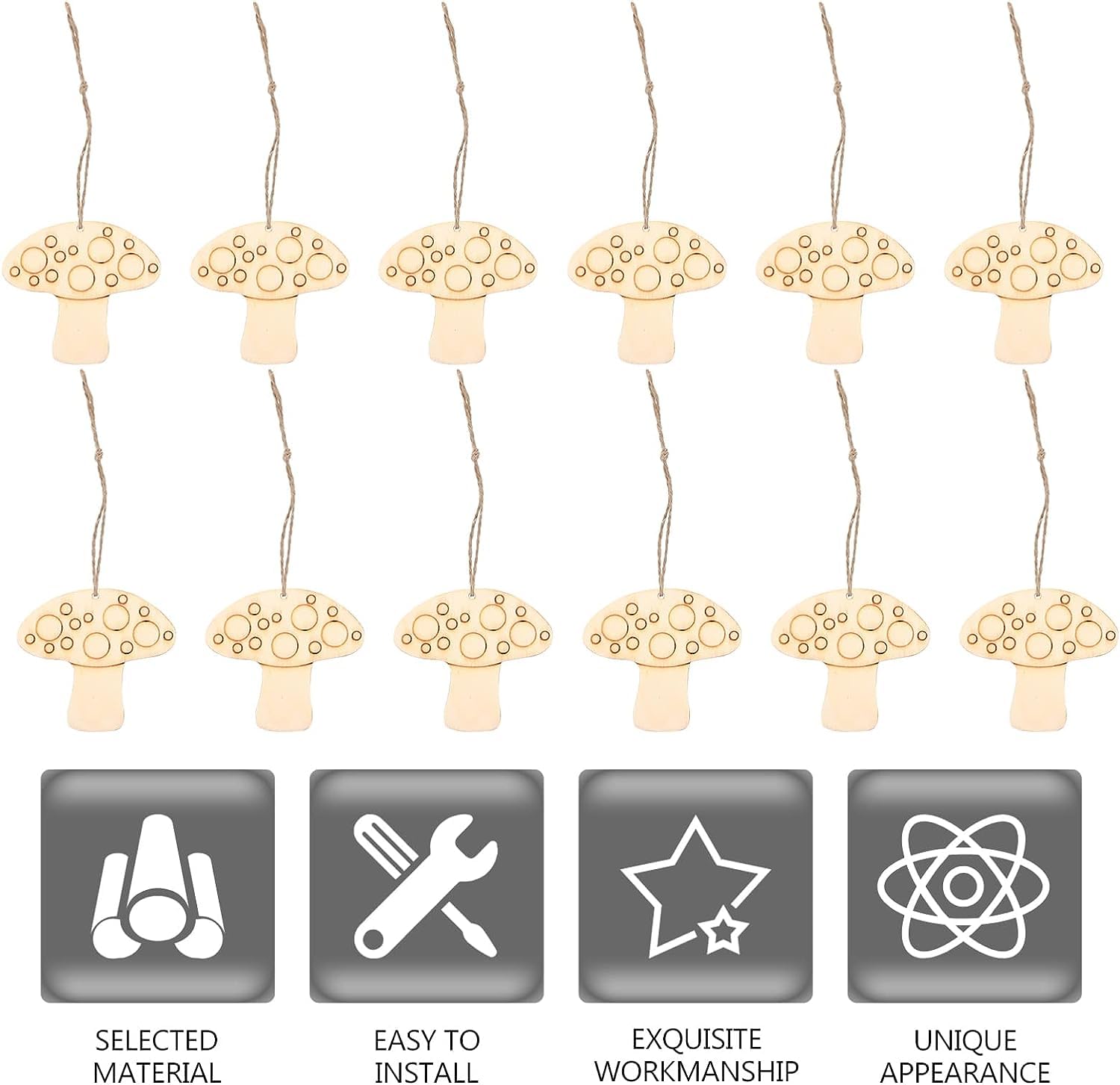 Decorative string lights shaped like mushrooms with icons and text below on a white background