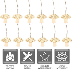 Decorative string lights shaped like mushrooms with icons and text below on a white background