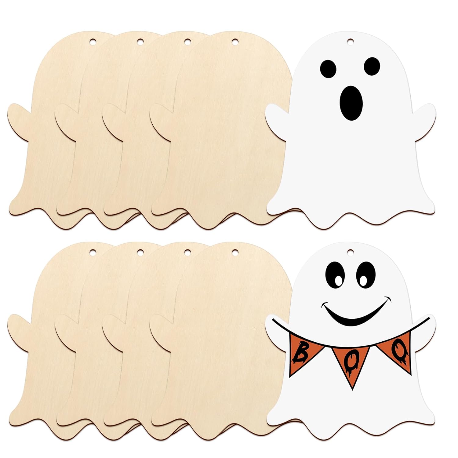 Set of Halloween-themed ghost cutouts with one decorated with 'BOO' banner on a white background.