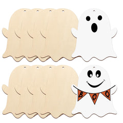 Set of Halloween-themed ghost cutouts with one decorated with 'BOO' banner on a white background.