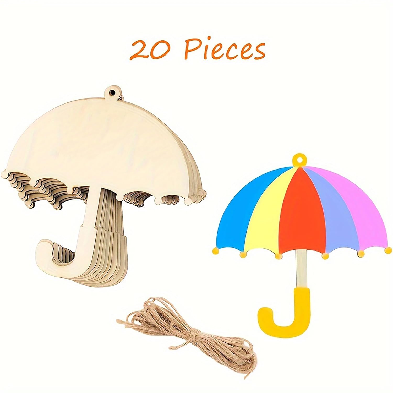 Two wooden umbrella-shaped decorations with a colorful umbrella and twine on a white background.