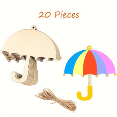 Two wooden umbrella-shaped decorations with a colorful umbrella and twine on a white background.