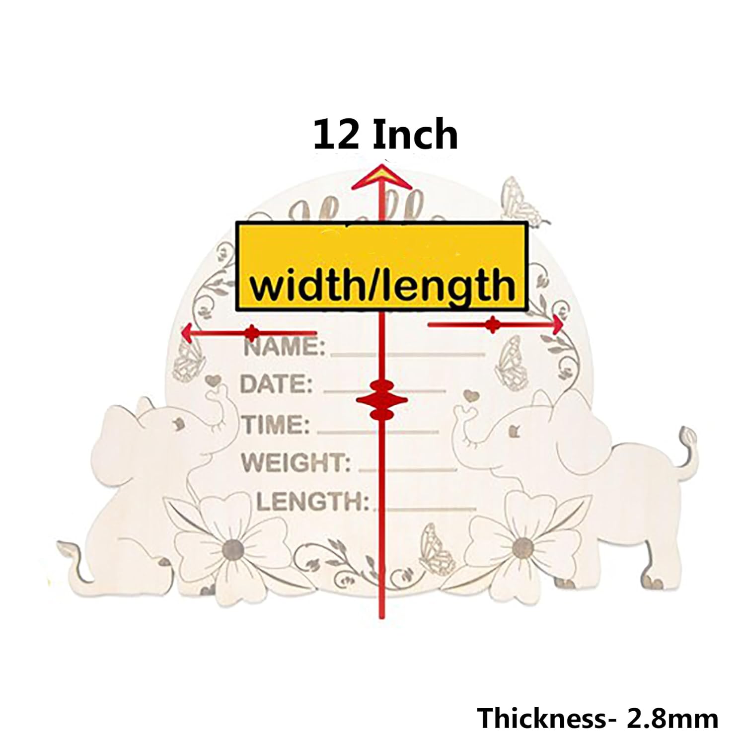 Measurement chart with elephants and floral designs, indicating width/length, thickness, and space for personal notes.
