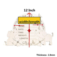 Measurement chart with elephants and floral designs, indicating width/length, thickness, and space for personal notes.