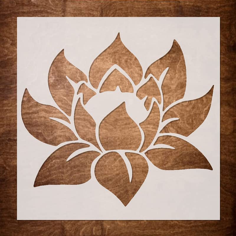 Stylized lotus flower design on a white card with a wooden background