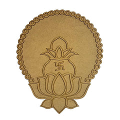 Decorative brown emblem with lotus design and swastika symbol on a white background