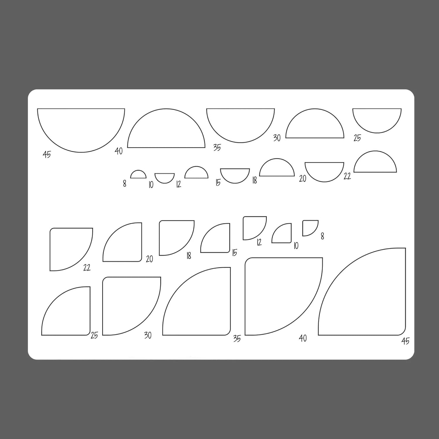 Set of geometric shapes with measurements on a gray background