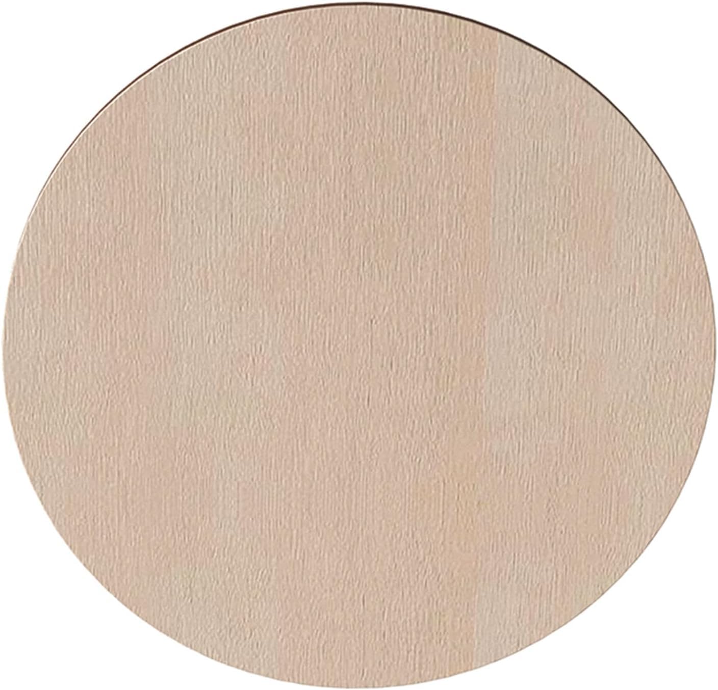 Round wooden coaster with a beige finish on a white background