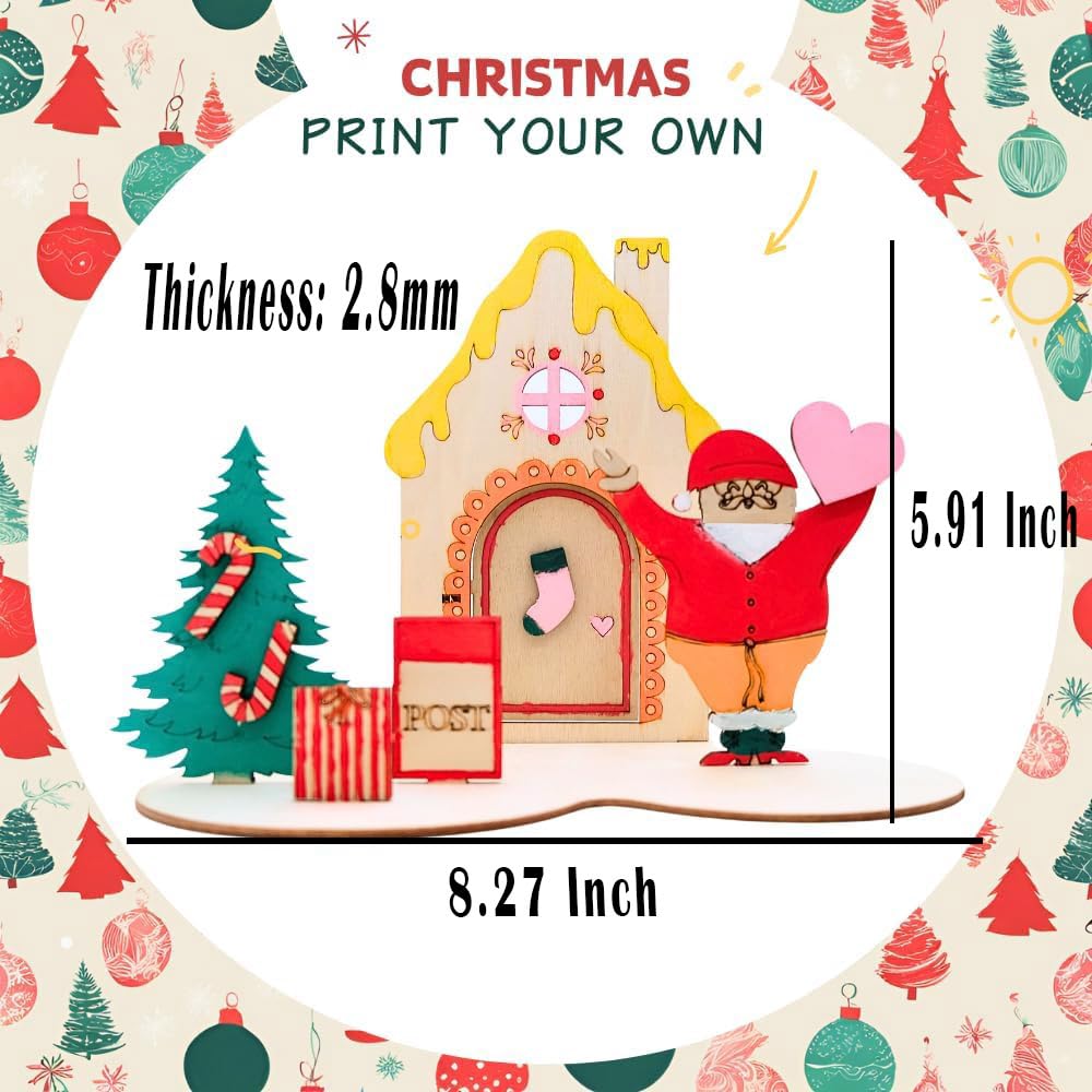 Christmas-themed design with measurements and text on a decorative border.