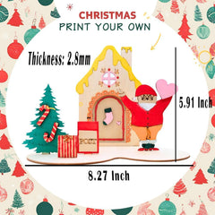 Christmas-themed design with measurements and text on a decorative border.