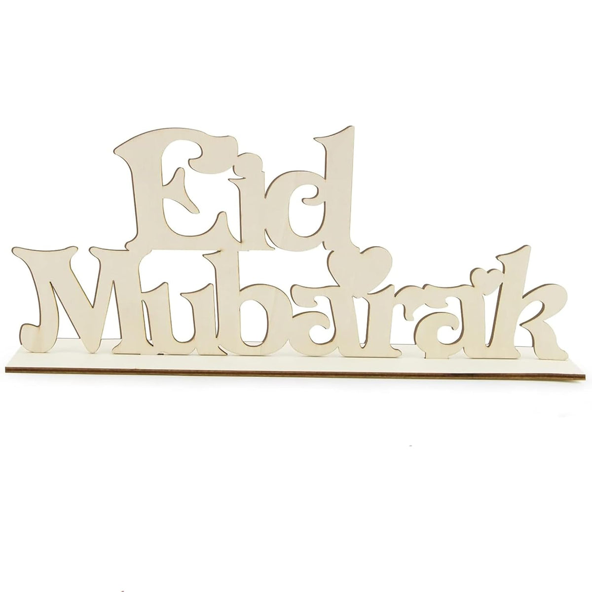 Wooden 'Eid Mubarak' sign on a white background