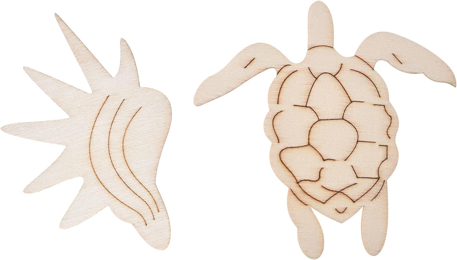 Two wooden turtle and starfish shapes on a white background
