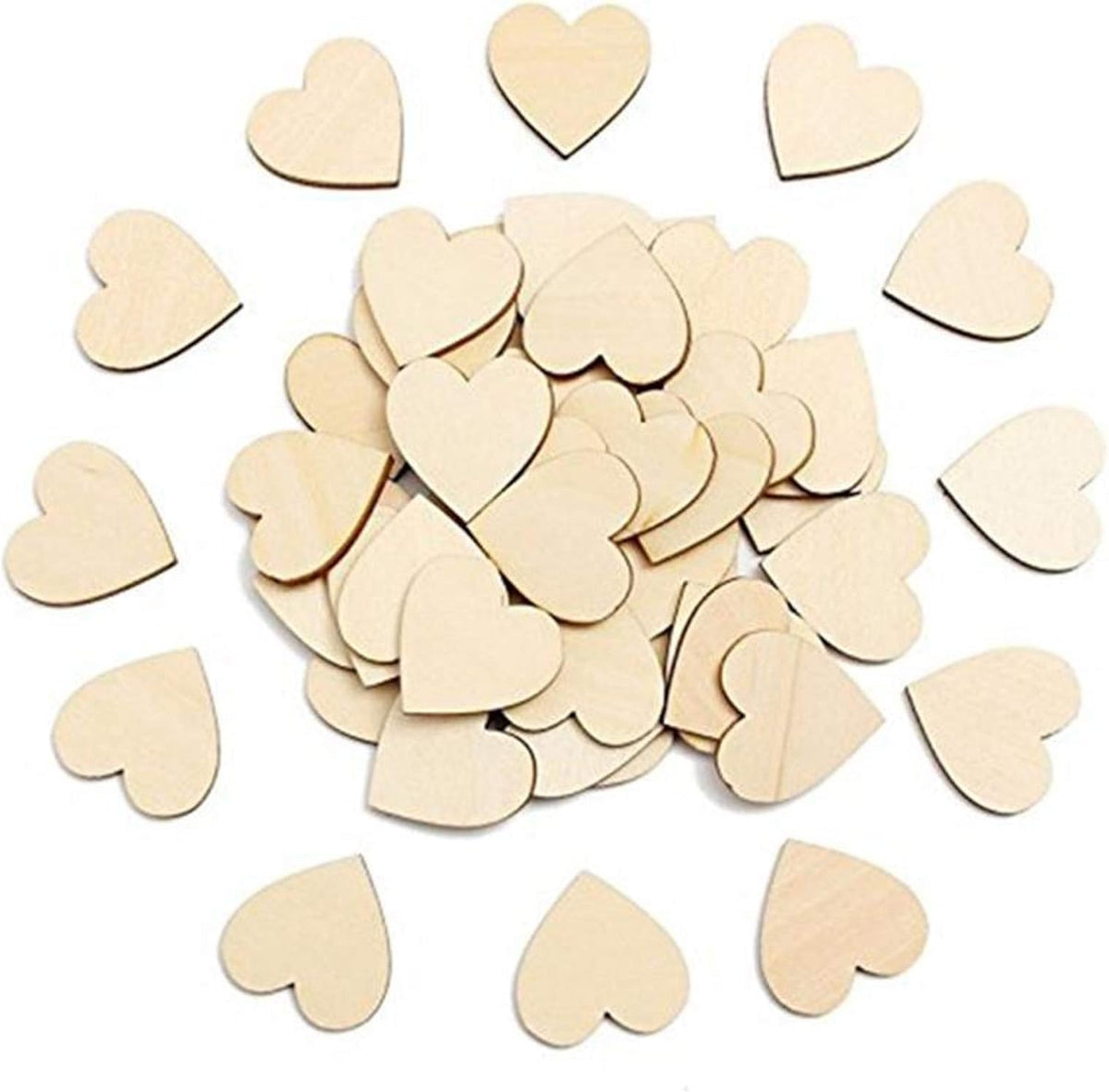 Pile of wooden heart shapes on a white background