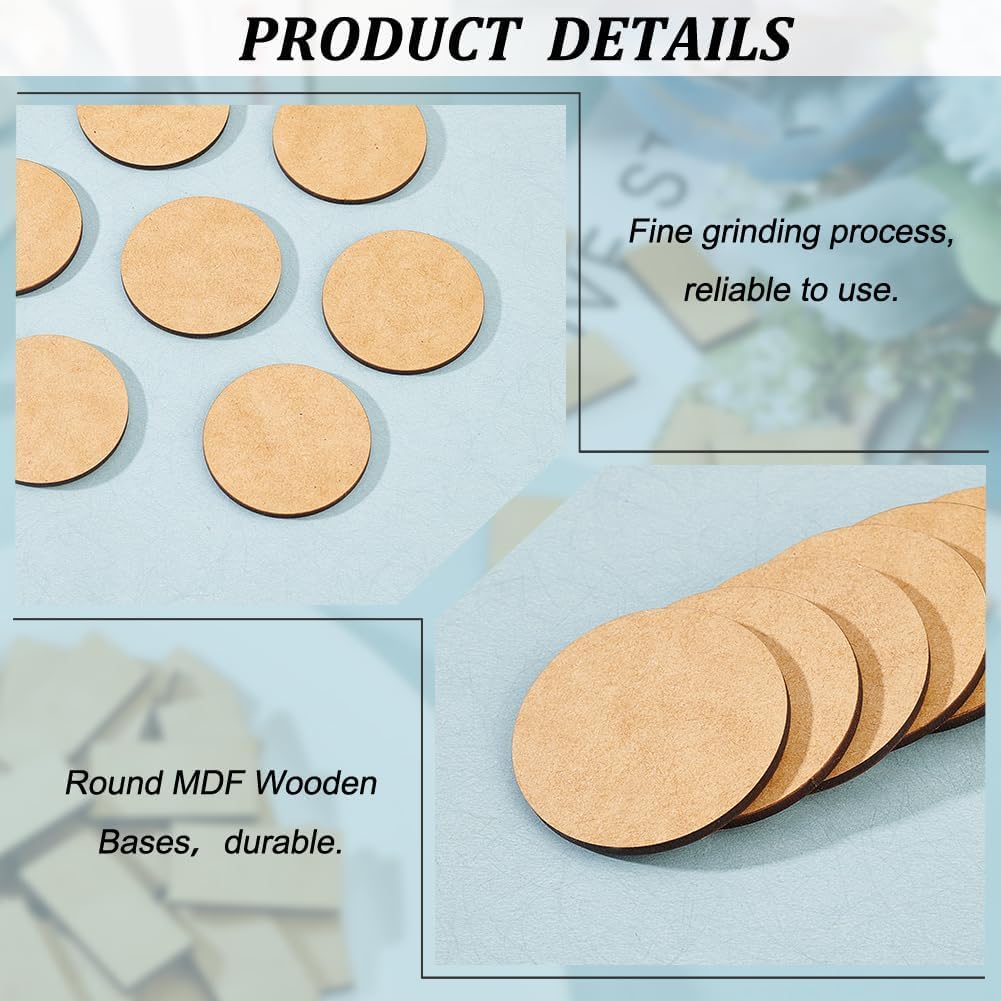 Round MDF wooden bases with text describing their features on a blurred background.