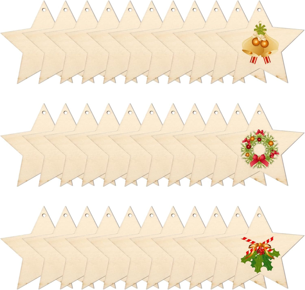 Beige star-shaped hanging decorations with Christmas-themed embellishments.