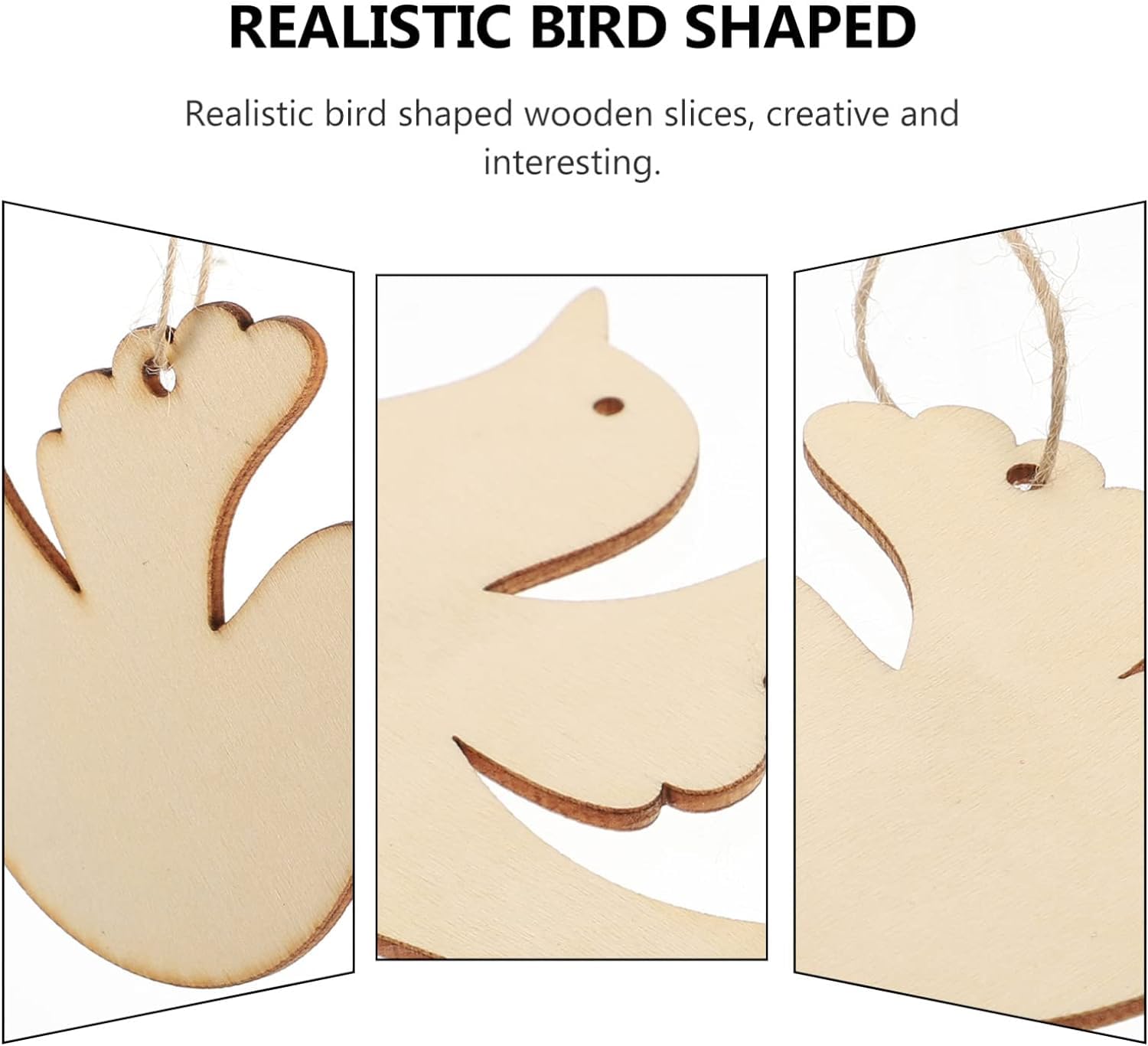 Realistic bird shaped wooden slices with text on a white background