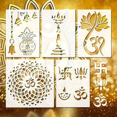 Set of six decorative stencils with religious symbols on a gold background