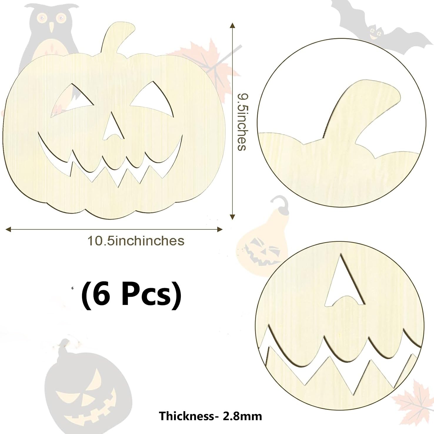 Set of six Halloween-themed wooden cutouts with measurements and details on a white background.