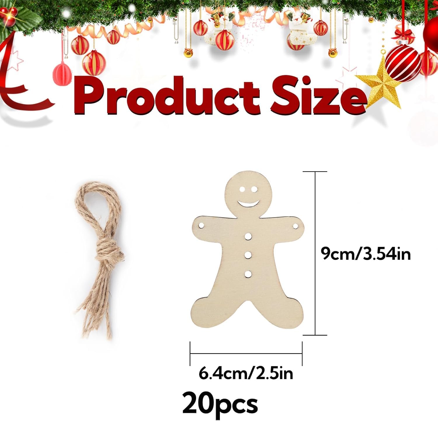 Wooden gingerbread man ornament with twine, measurements, and Christmas decorations.